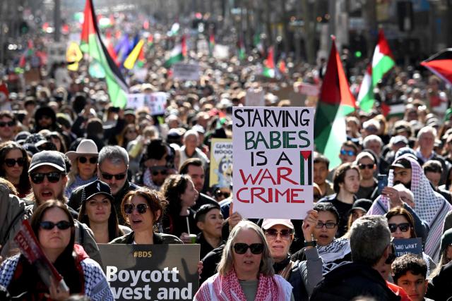 Demonstrators take part in a pro-Palestinian rally against Israel's actions and ongoing food shortages in the Gaza Strip, which the UN officially declared a famine on August 22, during a protest in Melbourne on August 24, 2025. (Photo by William WEST / AFP)