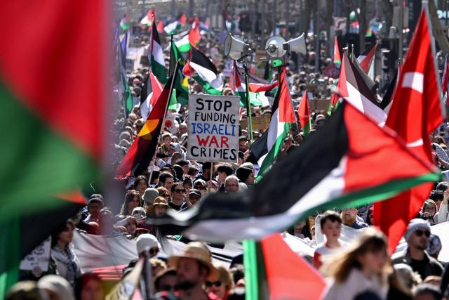 Demonstrators take part in a pro-Palestinian rally against Israel's actions and ongoing food shortages in the Gaza Strip, which the UN officially declared a famine on August 22, during a protest in Melbourne on August 24, 2025. (Photo by William WEST / AFP)