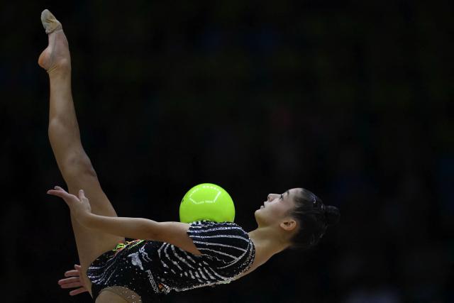 Italy's Sofia Rafaelli competes in the individual ball final of the 41st FIG Rhythmic Gymnastics World Championships in Rio de Janeiro, Brazil on August 24, 2025. (Photo by Mauro PIMENTEL / AFP)