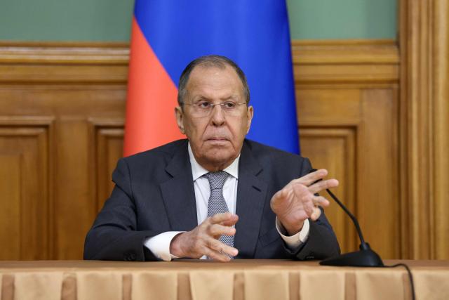 Russia's Foreign Minister Sergei Lavrov attends a press conference with Turkmenistan's Foreign Minister Rashid Meredov (not pictured) following their talks in Moscow, on August 28, 2025. (Photo by Ramil Sitdikov / POOL / AFP)