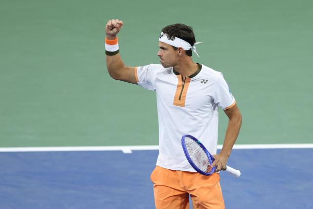 Germany’s Daniel Altmaier celebrates a point during his men's singles second round tennis match against Greece’s Stefanos Tsitsipas on day five of the US Open tennis tournament at the USTA Billie Jean King National Tennis Center in New York City, on August 28, 2025. (Photo by CHARLY TRIBALLEAU / AFP)