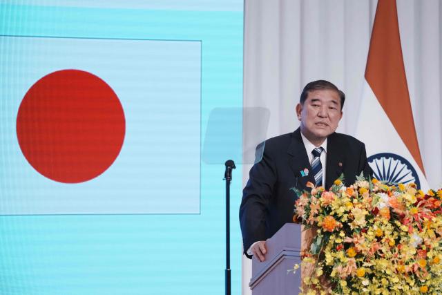 Japan's Prime Minister Shigeru Ishiba delivers a speech at the Japan-India Economic Forum in Tokyo on August 29, 2025. (Photo by Kazuhiro NOGI / AFP)
