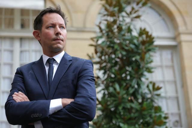 Executive Vice President of Les Republicains Francois-Xavier Bellamy looks on after attending a meeting with France's Prime Minister as part of political consultations at the Hotel de Matignon in Paris, on September 2, 2025, a week before the French National Assembly's vote of confidence. (Photo by Thomas SAMSON / AFP)