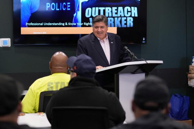 Illinois Gov. JB Pritzker meets with community violence intervention (CVI) leaders as they hold an emergency response training to prepare for federal deployments in Chicago, Illinois, on September 3, 2025. US President Donald Trump said on September 2 that he will deploy National Guard troops to Chicago, calling the Democratic-run midwestern city a "hellhole" ravaged by gun crime. (Photo by Nam Y. Huh / POOL / AFP)
