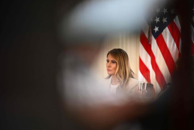 US First Lady Melania Trump looks on during a meeting of the White House Task Force on artificial intelligence education in the East Room of the White House in Washington, DC, on September 4, 2025. (Photo by Alex WROBLEWSKI / AFP)