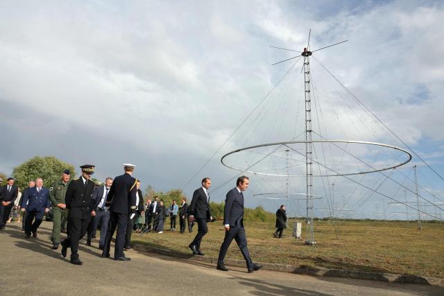 France's Minister of Armed Forces Sebastien Lecornu (front) visits the Nostradamus radar site held on a former US air base in Crucey, north-central France on September 4, 2015. (Photo by Thomas SAMSON / AFP)