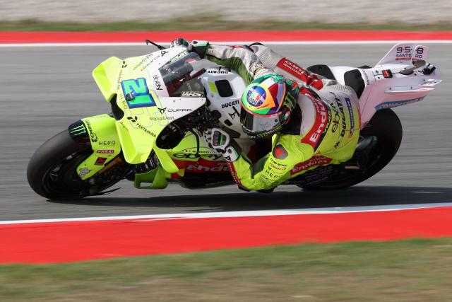 Pertamina Enduro VR46 Racing Team's Italian rider Franco Morbidelli steers his bike during the first MotoGP free practice session ahead of the Moto Grand Prix of Catalonia at the Catalonia circuit on September 5, 2025 in Montmelo on the outskirts of Barcelona. (Photo by LLUIS GENE / AFP)