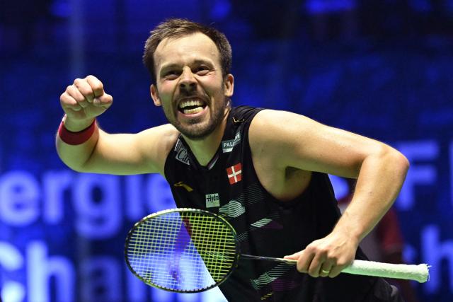 Denmark's Anders Rasmussen reacts after he and Denmark's Kim Astrup beat Japan's Yugo Kobayashi and Japan's Takuro Hoki in the men's double quarter-final match at the Badminton BWF World Championships at the Adidas Arena in Paris, on August 29, 2025. (Photo by Bertrand GUAY / AFP)