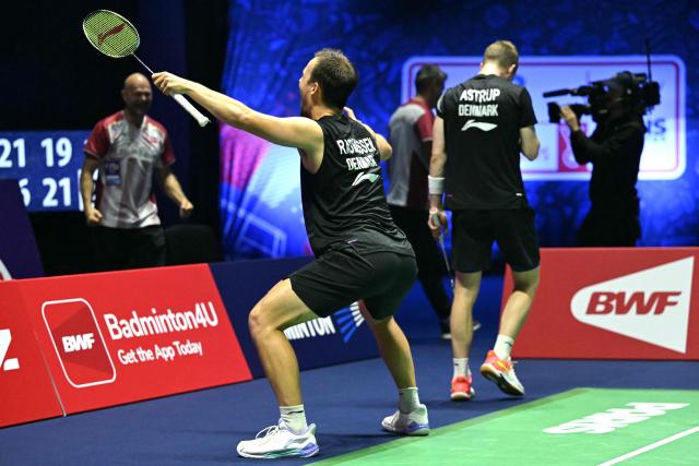 Denmark's Anders Rasmussen reacts after he and Denmark's Kim Astrup beat Japan's Yugo Kobayashi and Japan's Takuro Hoki in the men's double quarter-final match at the Badminton BWF World Championships at the Adidas Arena in Paris, on August 29, 2025. (Photo by Bertrand GUAY / AFP)
