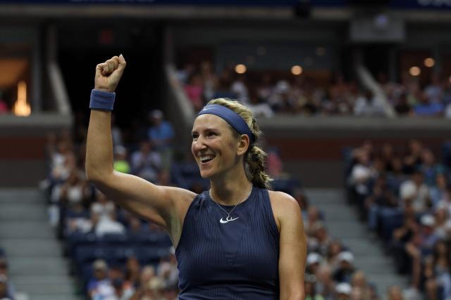 Belarus's Victoria Azarenka celebrates a point against USA's Jessica Pegula during their women's singles third round match on day six of the US Open tennis tournament at the USTA Billie Jean King National Tennis Center in New York City, on August 29, 2025. (Photo by TIMOTHY A.CLARY / AFP)