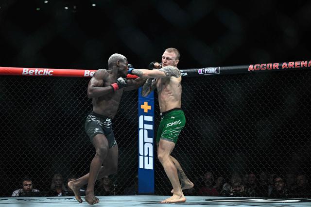 Belgium's Bolaji Oki (L) fights against Wales's Mason Jones during their mixed martial arts at the 4th edition of the Ultimate Fighting Championship (UFC) lightweights at the Bercy Accor Arena, in Paris, on September 6, 2025. (Photo by JULIEN DE ROSA / AFP)