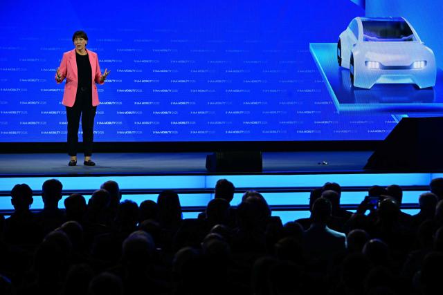German Association of the Automotive Industry (VDA) President Hildegard Mueller speaks on stage during the opening of the International Motor Show IAA on September 9, 2025, in Munich, southern Germany. The IAA Mobility fair runs from September 9 to 14, 2025. (Photo by Tobias SCHWARZ / AFP)