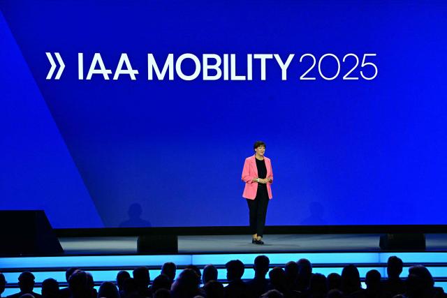 German Association of the Automotive Industry (VDA) President Hildegard Mueller speaks on stage during the opening of the International Motor Show IAA on September 9, 2025, in Munich, southern Germany. The IAA Mobility fair runs from September 9 to 14, 2025. (Photo by Tobias SCHWARZ / AFP)