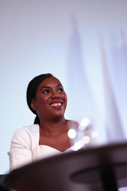Britain's main opposition Conservative Party leader Kemi Badenoch laughs in conversation on stage at the Institute of Chartered Accountants' Hall, in central London on September 9, 2025. (Photo by Adrian DENNIS / AFP)