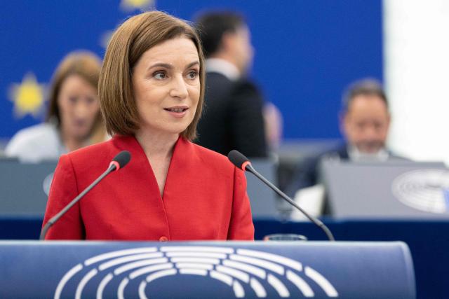 Moldova's President Maia Sandu delivers a speech at the EU Parliament, in Strasbourg, north eastern France, on September 9, 2025. (Photo by ROMEO BOETZLE / AFP)
