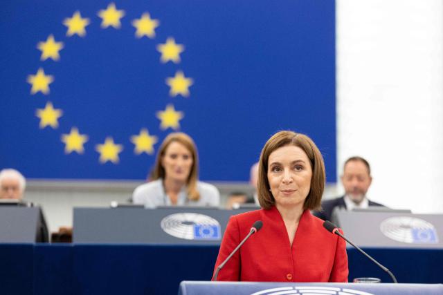 Moldova's President Maia Sandu delivers a speech at the EU Parliament, in Strasbourg, north eastern France, on September 9, 2025. (Photo by ROMEO BOETZLE / AFP)