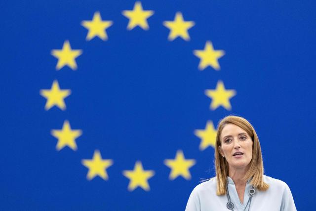 European Parliament President Roberta Metsola delivers a speech  prior to a formal sitting at the EU Parliament, in Strasbourg, north eastern France, on September 9, 2025. (Photo by ROMEO BOETZLE / AFP)