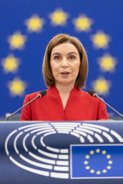 Moldova's President Maia Sandu delivers a speech at the EU Parliament, in Strasbourg, north eastern France, on September 9, 2025. (Photo by ROMEO BOETZLE / AFP)