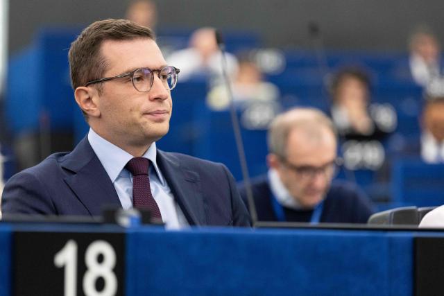 French far-right party Rassemblement National (RN) President and MEP Jordan Bardella listens to a formal sitting given by Moldova’s President, at the EU Parliament, in Strasbourg, north eastern France, on September 9, 2025. (Photo by ROMEO BOETZLE / AFP)
