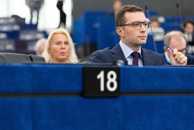 French far-right party Rassemblement National (RN) President and MEP Jordan Bardella listens to a formal sitting given by Moldova’s President, at the EU Parliament, in Strasbourg, north eastern France, on September 9, 2025. (Photo by ROMEO BOETZLE / AFP)