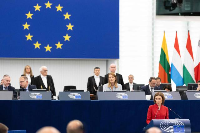 Moldova's President Maia Sandu addresses members of EU Parliament during a formal sitting, in Strasbourg, north eastern France, on September 9, 2025. (Photo by ROMEO BOETZLE / AFP)