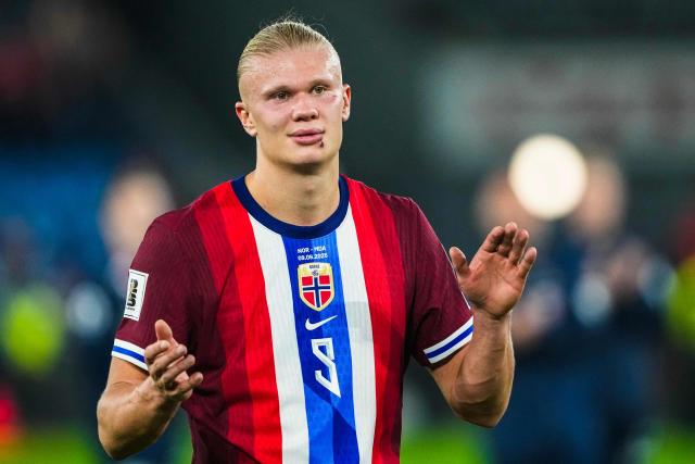 Norway's forward  #09 Erling Braut Haland celebrates after the end of the 2026 World Cup qualifiers Europe zone group I football match between Norway and Moldova on September 9, 2025 in Oslo, Norway. (Photo by Cornelius Poppe / NTB / AFP) / Norway OUT