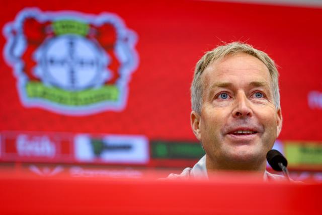 The new Danish head coach of German Bundesliga team Bayer Leverkusen, Kasper Hjulmand speaks during a press conference at the BayArena in Leverkusen, western Germany, on September 10, 2025. Hjulmand follows Dutch manager Erik Ten Hag who was let go after just two Bundesliga matches in charge. (Photo by LEON KUEGELER / AFP)