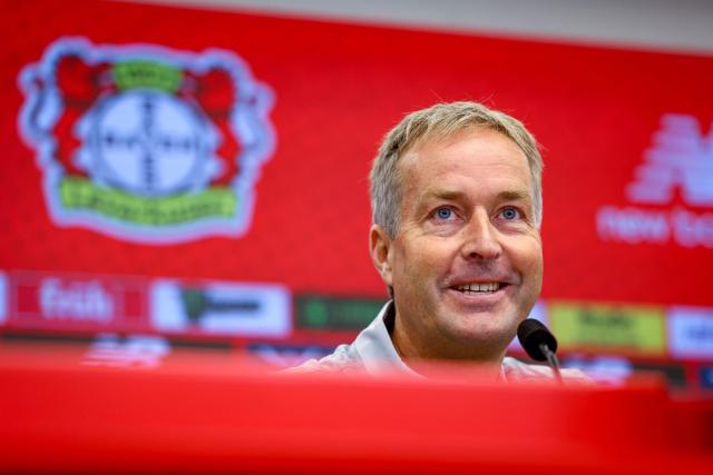 The new Danish head coach of German Bundesliga team Bayer Leverkusen, Kasper Hjulmand speaks during a press conference at the BayArena in Leverkusen, western Germany, on September 10, 2025. Hjulmand follows Dutch manager Erik Ten Hag who was let go after just two Bundesliga matches in charge. (Photo by LEON KUEGELER / AFP)