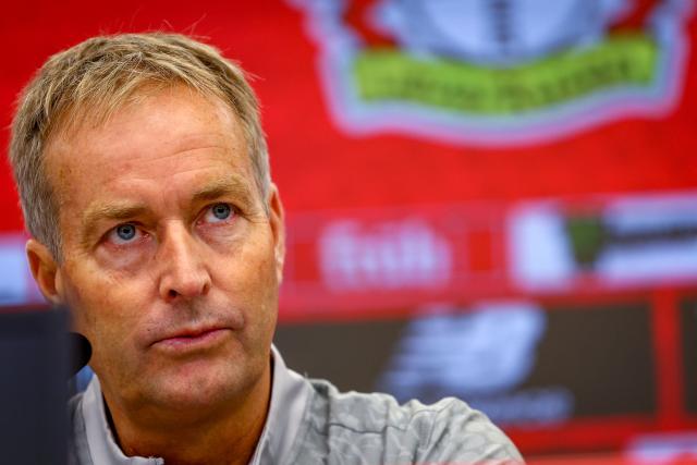 The new Danish head coach of German Bundesliga team Bayer Leverkusen, Kasper Hjulmand speaks during a press conference at the BayArena in Leverkusen, western Germany, on September 10, 2025. Hjulmand follows Dutch manager Erik Ten Hag who was let go after just two Bundesliga matches in charge. (Photo by LEON KUEGELER / AFP)
