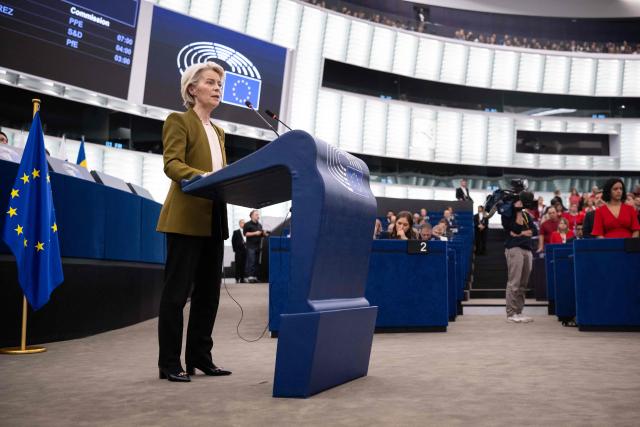EU Commission President Ursula von der Leyen gives her annual State of the Union address during a plenary session at the European Parliament in Strasbourg, eastern France, on September 10, 2025. (Photo by SEBASTIEN BOZON / AFP)