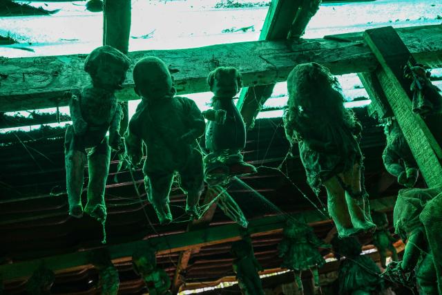 Old and deteriorated dolls hang on a stick at Isla de las Munecas (Island of the Dolls) in Xochimilco, Mexico on September 10, 2025. Naked or tattered plastic bodies hang from ancient trees. Severed heads, glass eyes staring at visitors. The macabre Island of the Dolls in Mexico City frightens many, but fascinated Lady Gaga and Tim Burton.. (Photo by Yuri CORTEZ / AFP)