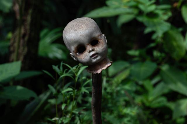An old and deteriorated doll head hangs on a stick at Isla de las Munecas (Island of the Dolls) in Xochimilco, Mexico on September 10, 2025. Naked or tattered plastic bodies hang from ancient trees. Severed heads, glass eyes staring at visitors. The macabre Island of the Dolls in Mexico City frightens many, but fascinated Lady Gaga and Tim Burton.. (Photo by Yuri CORTEZ / AFP)