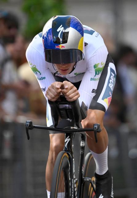 Team Bora's Italian rider Giulio Pellizzari competes during the 18th stage of the Vuelta a Espana, a 26 km race against the clock between Valladolid and Valladolid, on September 11, 2025. (Photo by Miguel RIOPA / AFP)