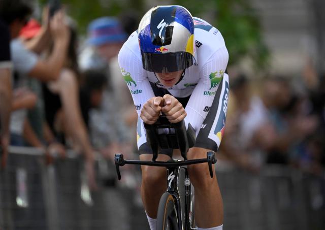Team Bora's Italian rider Giulio Pellizzari competes during the 18th stage of the Vuelta a Espana, a 26 km race against the clock between Valladolid and Valladolid, on September 11, 2025. (Photo by Miguel RIOPA / AFP)