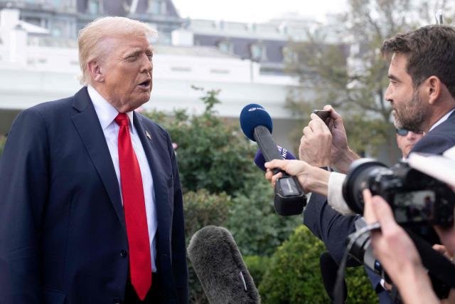 US President Donald Trump speaks to the press as he walks to Marine One prior to departing from the South Lawn of the White House in Washington, DC, September 11, 2025. Trump is going to New York to attend a Yankees baseball game. (Photo by SAUL LOEB / AFP)