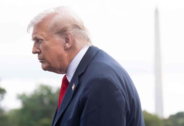 US President Donald Trump speaks to the press as he walks to Marine One prior to departing from the South Lawn of the White House in Washington, DC, September 11, 2025. Trump is going to New York to attend a Yankees baseball game. (Photo by SAUL LOEB / AFP)