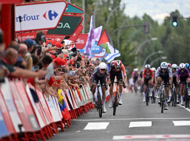 Team Alpecin's Belgian rider Jasper Philipsen (L) competes before crossing first the finish line of the 19th stage of the Vuelta a Espana, a 159 km race between Rueda and Guijuelo, in Medina del Campo on September 12, 2025. (Photo by Miguel RIOPA / AFP)