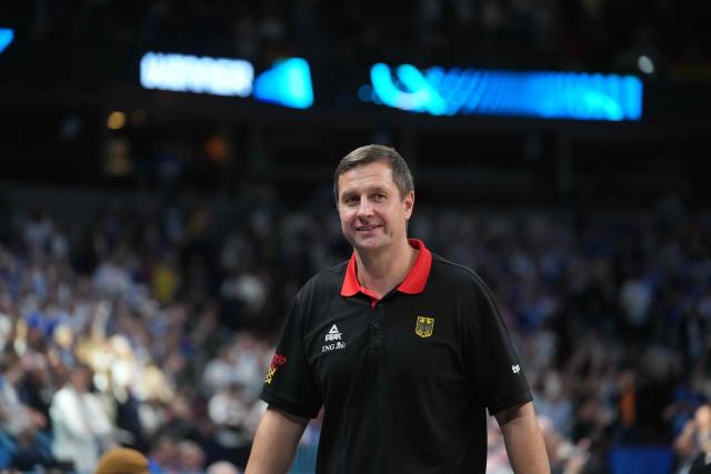 Germany's Spanish head coach Alex Mumbru reacts after the end of the ball during the FIBA EuroBasket 2025 semi-final basketball match between Germany and Finland in Riga, Latvia, on September 12, 2025. (Photo by Gints Ivuskans / AFP)