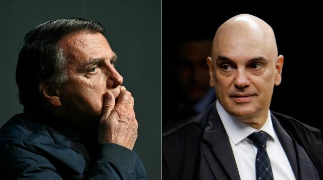 (COMBO) This combination of FILE pictures created on August 30, 2025 shows Brazilian former President (2019-2023) Jair Bolsonaro during the CPAC Brazil conference in Balneario Camboriu, Santa Catarina State, Brazil on July 6, 2024; and Supreme Court Justice Alexandre de Moraes during a hearing at Brazil's Supreme Court after ordering house arrest for former President Jair Bolsonaro in Brasilia on August 5, 2025. Supreme Court Judge Alexandre de Moraes ordered on August 30, 2025 new measures to be put in place to strengthen surveillance of former Brazilian President Jair Bolsonaro, who has been under house arrest since early August, just days before the final phase of his trial for alleged attempted coup, in which he ruled that ‘the interiors and boots of all vehicles leaving the residence’ must be searched. (Photo by Evaristo Sa and Sergio Lima / AFP)
