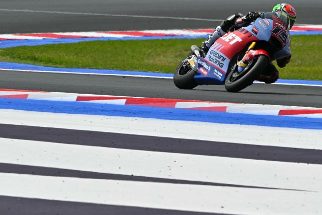 ITALJET Gresini Moto2 team's South African Moto2 rider Barryn Binder corners during the Qualifying session for the Moto2 race as part of the San Marino Moto GP at the Misano World Circuit Marco Simoncelli, in Misano Adriatico, northern Italy, on September 13, 2025. (Photo by Andreas SOLARO / AFP)