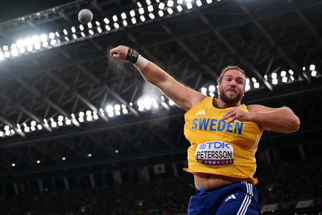 Sweden's athlete Wictor Petersson competes in the men's shot put final during the World Athletics Championships in Tokyo on September 13, 2025. (Photo by Ben STANSALL / AFP)