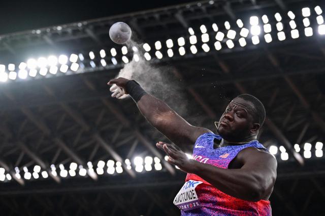 US' athlete Josh Awotunde competes in the men's shot put final during the World Athletics Championships in Tokyo on September 13, 2025. (Photo by Ben STANSALL / AFP)