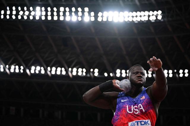 US' athlete Josh Awotunde competes in the men's shot put final during the World Athletics Championships in Tokyo on September 13, 2025. (Photo by Ben STANSALL / AFP)