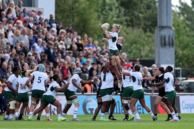 South Africa's scrum half Nadine Roos catches the ball in a line out during the Women’s Rugby World Cup quarter-final between New Zealand and South Africa at Sandy Park, Exeter, southwest England, on September 13, 2025. (Photo by Adrian Dennis / AFP)