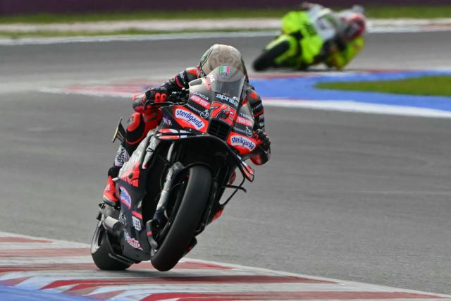 Aprilia Racing team's Italian MotoGP rider Marco Bezzecchi accelerates during the FIFA World Cup 2026 Group E qualification football match between Turkey and Spain at the Konya Buyuksehir Belediye Stadium, in Konya, on September 7, 2025. (Photo by Andreas SOLARO / AFP)