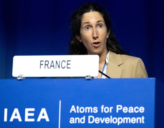 France’s Head of the Alternative Energies and Atomic Energy Commission Anne-Isabelle Etienvre speaks during the 69th regular plenary session of the International Atomic Energy Agency (IAEA) at its headquarters in Vienna, Austria on September 15, 2025. (Photo by Joe Klamar / AFP)