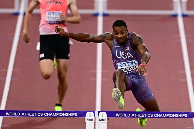 US' athlete Caleb Dean competes in the men's 400m hurdles heats during the World Athletics Championships in Tokyo on September 15, 2025. (Photo by Yuichi YAMAZAKI / AFP)