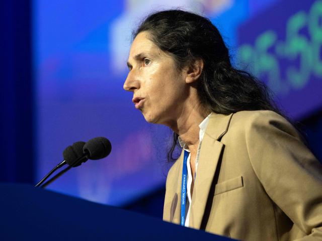 France’s Head of the Alternative Energies and Atomic Energy Commission Anne-Isabelle Etienvre speaks during the 69th regular plenary session of the International Atomic Energy Agency (IAEA) at its headquarters in Vienna, Austria on September 15, 2025. (Photo by Joe Klamar / AFP)