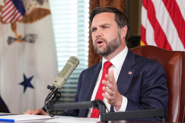 US Vice President JD Vance hosts an episode of the Charlie Kirk Show in the Eisenhower Executive Office Building on the White House campus in Washington, DC, on September 15, 2025. The 31-year-old Kirk was killed on September 10 when hit by a single bullet in his neck while addressing a large crowd at Utah Valley University in the town of Orem. Turning Point USA announced that a memorial service for Kirk will take place in a football stadium near Phoenix, Arizona on September 21, which US President Donald Trump confirmed he will attend. (Photo by Doug MILLS / POOL / AFP)