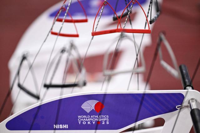 The hammer chains are pictured prior to the men's hammer throw final during the World Athletics Championships in Tokyo on September 16, 2025. (Photo by Kirill KUDRYAVTSEV / AFP)